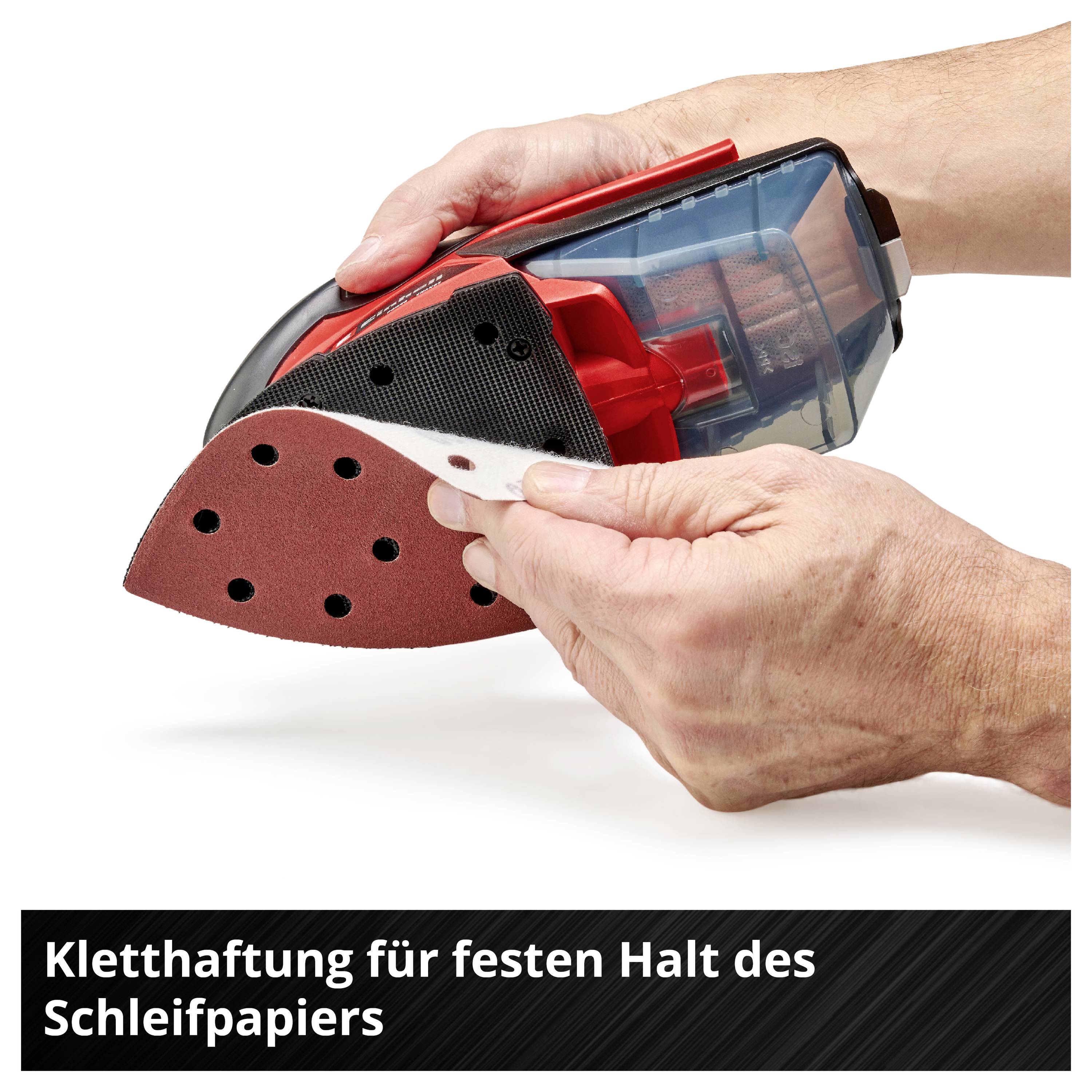 'Eine Hand befestigt Schleifpapier an einem Handschleifer. Text: Kletthaftung für festen Halt des Schleifpapiers.'
