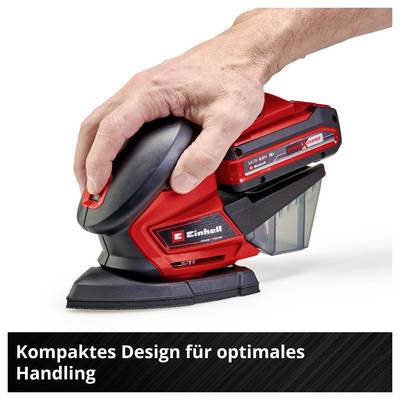 Eine Hand hält einen roten elektrischen Sander von Einhell. Text auf dem Bild: 'Kompaktes Design für optimales Handling'.