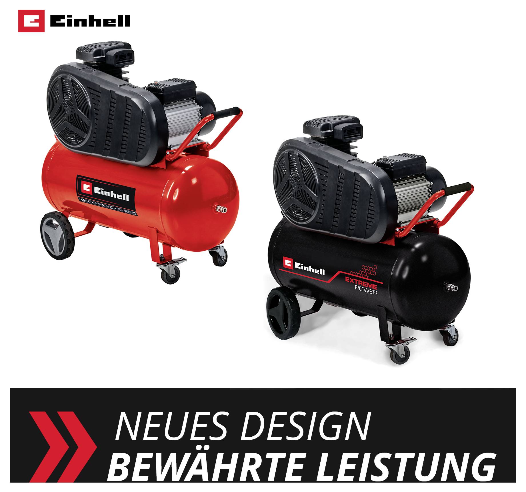 Werbebild mit zwei Einhell-Kompressoren, rot und schwarz, daneben der Slogan 'NEUES DESIGN BEWÄHRTE LEISTUNG'.<br>