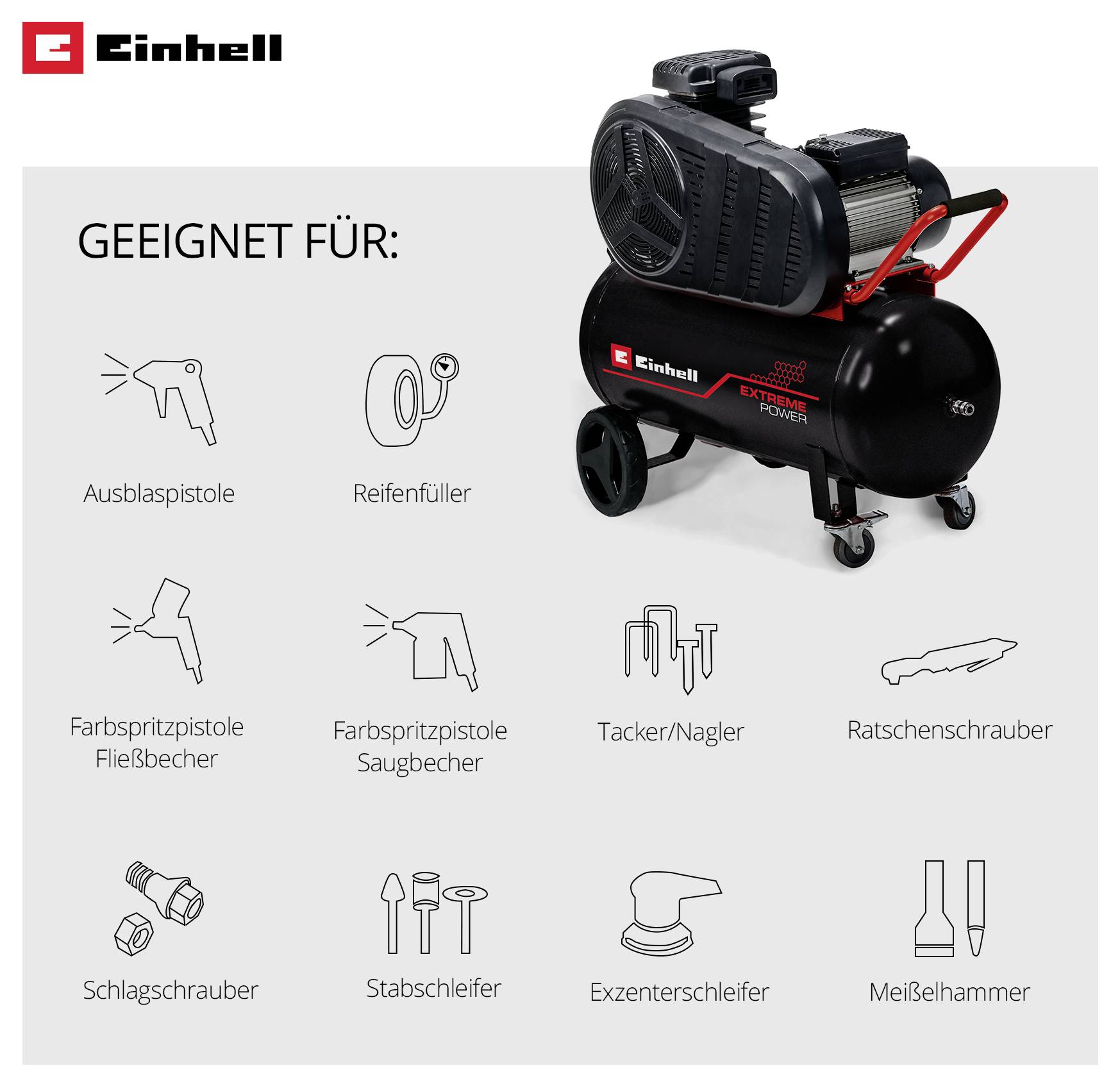 Einhell-Kompressor mit Hinweis 'Geeignet für' für Ausblaspistole, Reifenfüller, Farbspritzpistole, Tacker/Nagler, Ratschenschrauber, Schlagschrauber, Stabschleifer, Exzenterschleifer und Meißelhammer.<br>