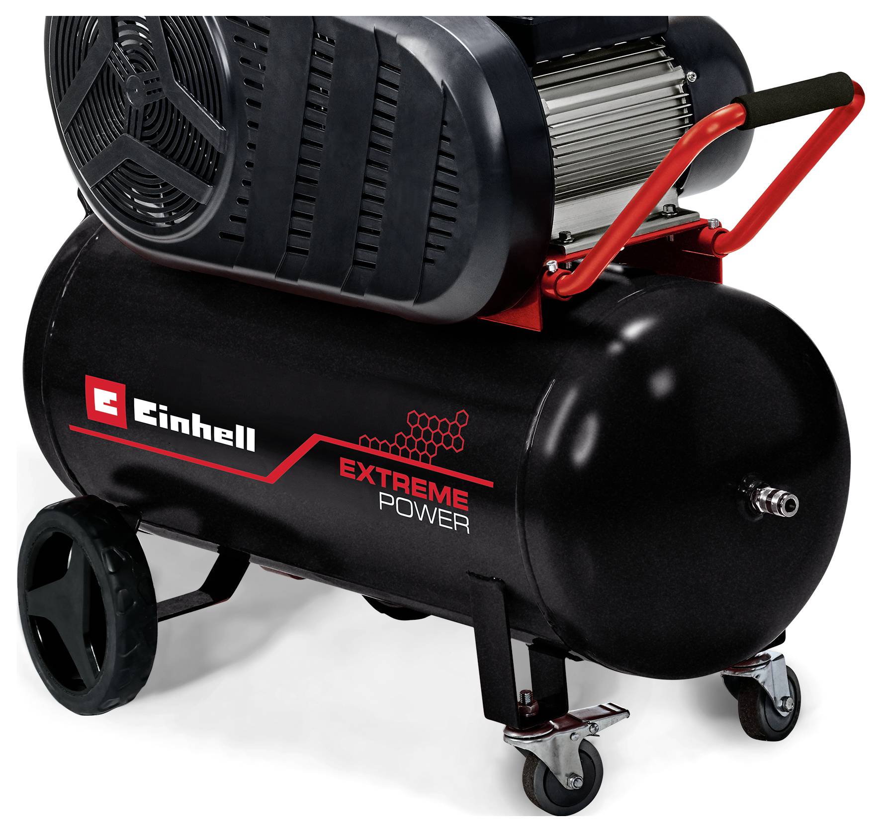 Tragbarer Einhell Extreme Power Kompressor auf Rädern mit schwarzem Tank, rotem Griff und Motoreinheit oben.