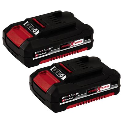 Zwei schwarze und rote 18V Li-Ion Akkus von Einhell, Power X-Change Serie, mit 1,5Ah Kapazität. Zeigen Ladeanzeige auf der Oberseite.
