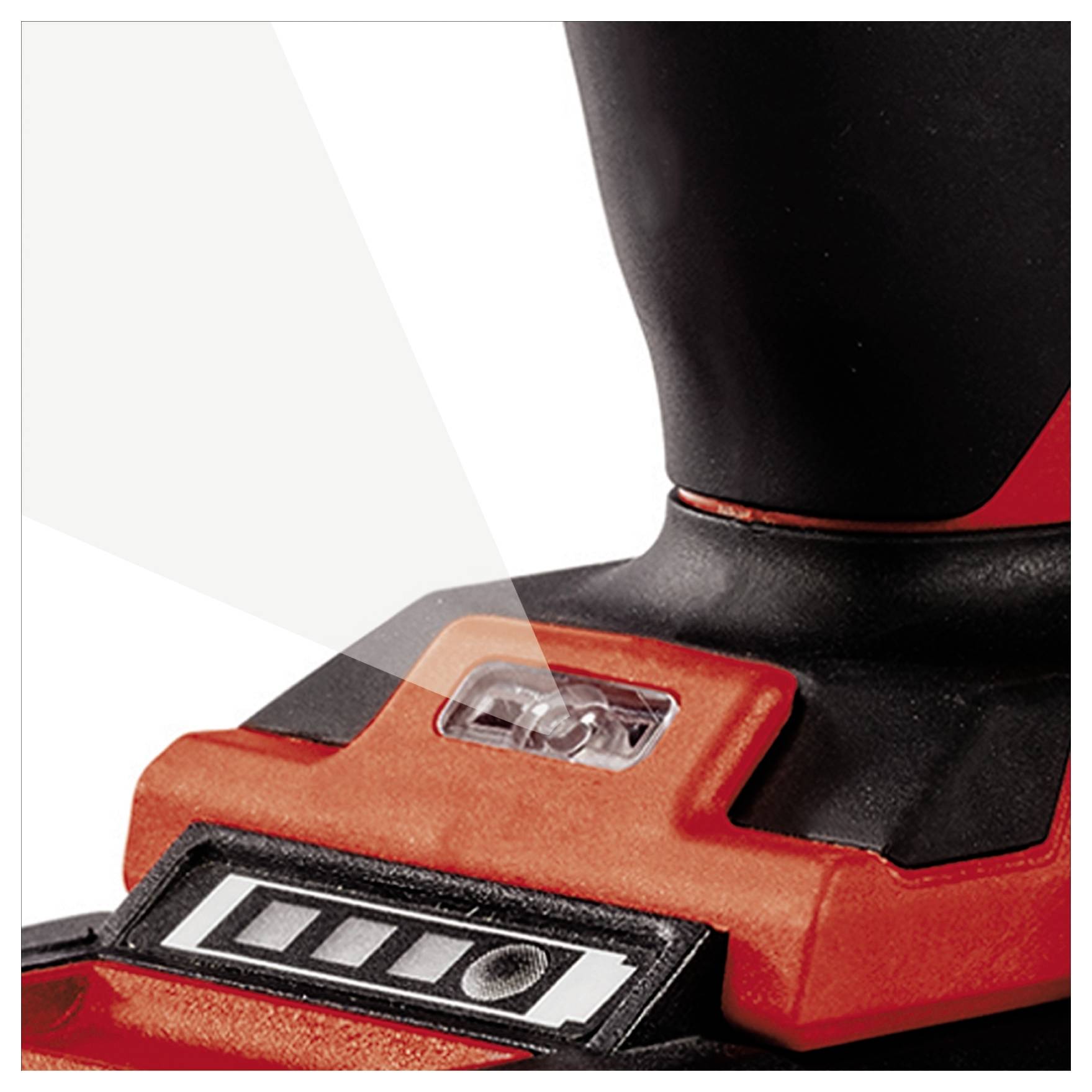 Nahaufnahme eines roten und schwarzen Elektrowerkzeugs mit einer LED-Anzeige und einem Schalter, wahrscheinlich ein Teil eines Akkuschraubers.