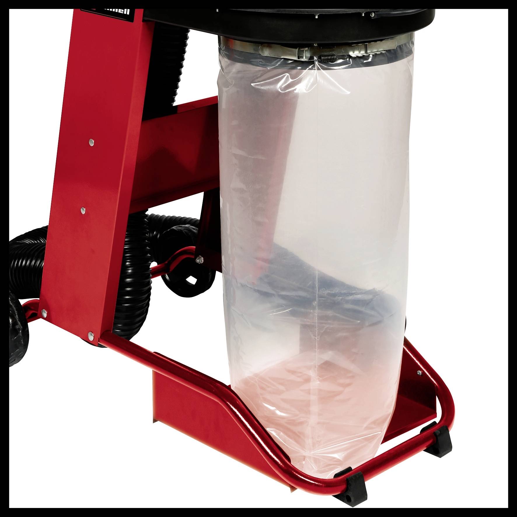 Roter Industriestaubsauger mit transparentem Staubauffangbeutel. Ideal für Werkstätten oder Fabriken zur Staubabsaugung.