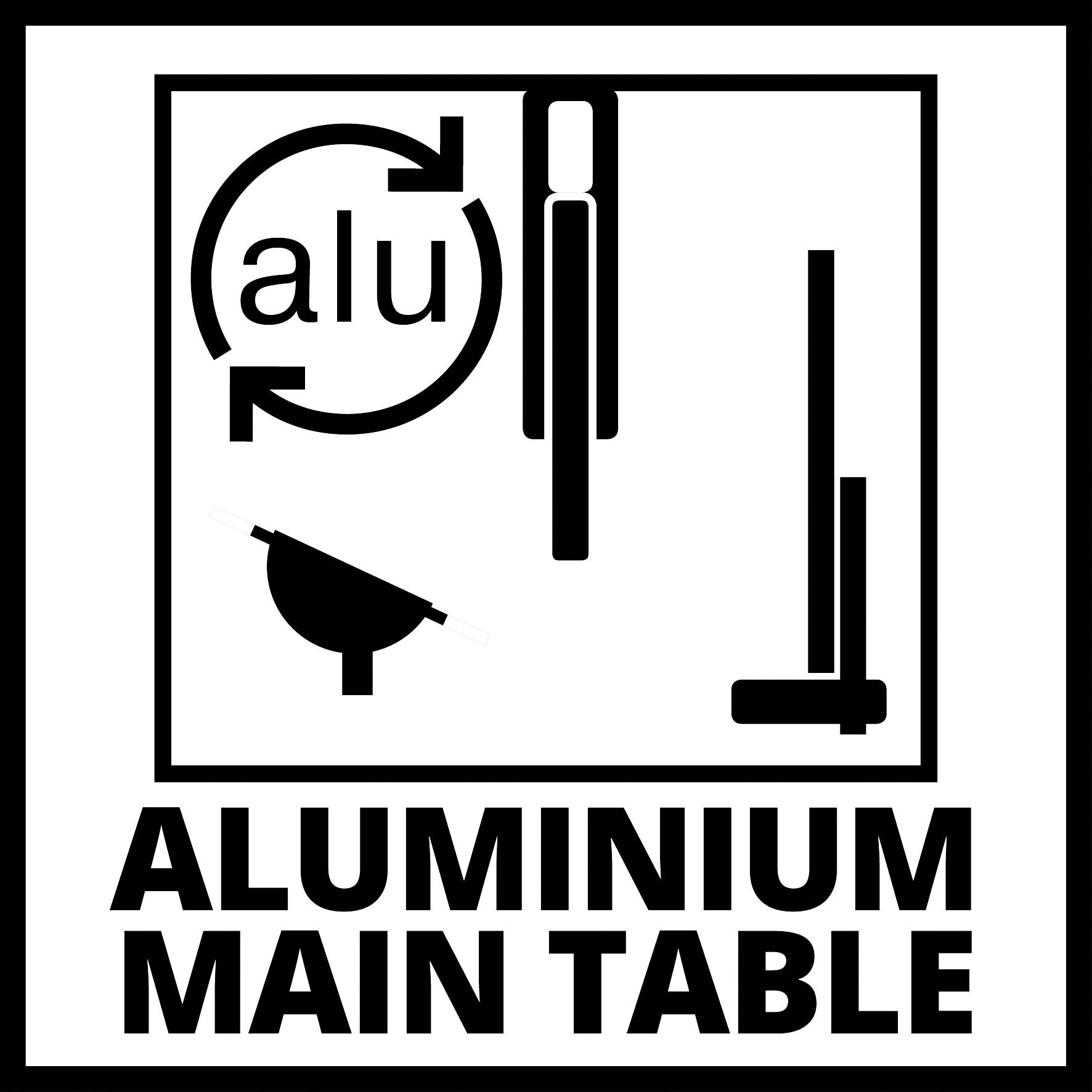 'Aluminium Haupttisch' Logo mit kreisförmigen Pfeilen und Werkzeug-Symbol.