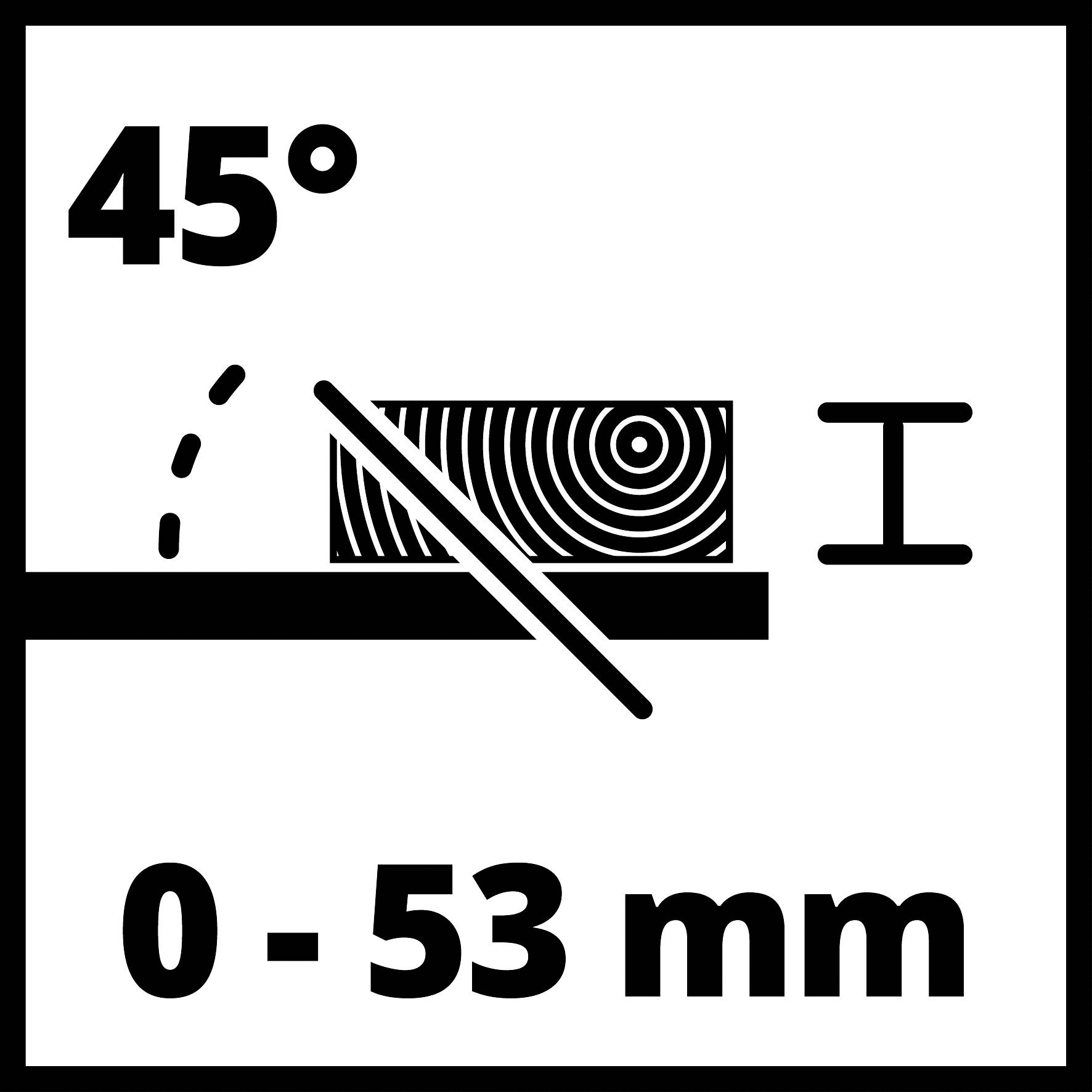 Eine Sägeblatt, das ein Stück Holz in einem 45-Grad-Winkel schneidet, mit einem angezeigten Dickenbreich von 0-53 mm.