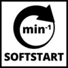 Symbol für "Softstart" mit einem kreisförmigen Pfeil um den Text "min⁻¹", der eine allmähliche Geschwindigkeits- oder Intensitätssteigerung anzeigt.