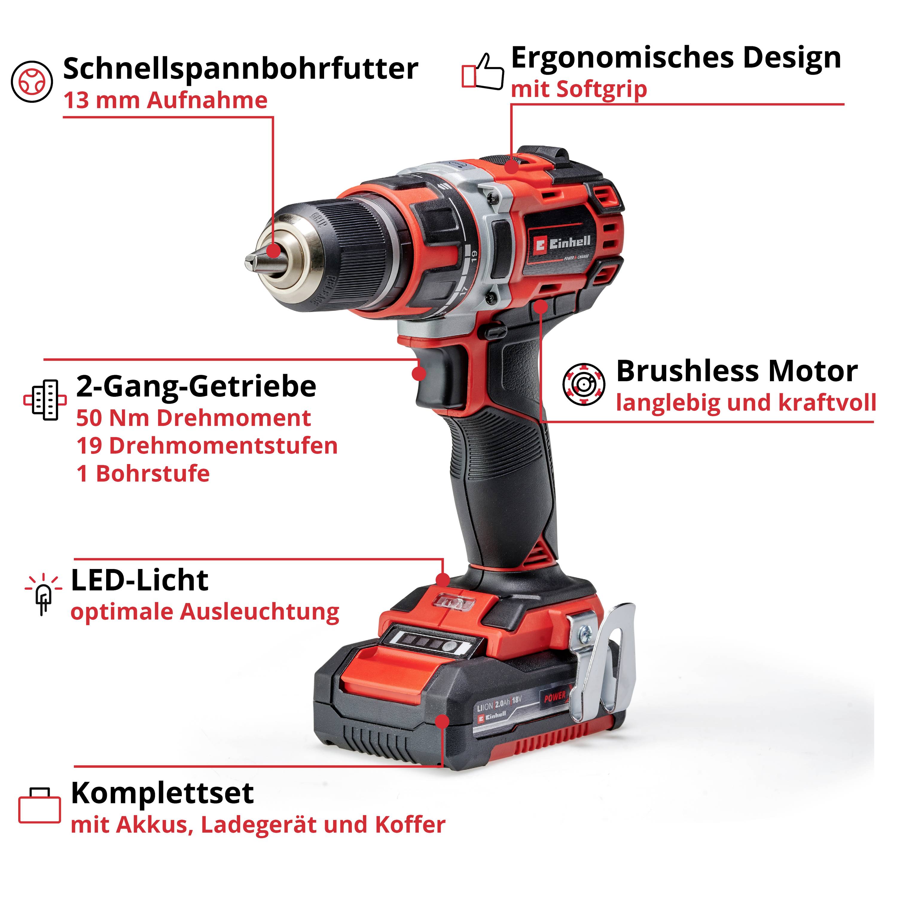 'Akkuschrauber mit 2-Gang-Getriebe, 13 mm Schnellspannbohrfutter, Brushless Motor, LED-Licht. Ergonomisches Design, enthält Ladegerät.’