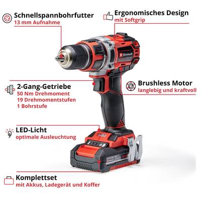 'Akkuschrauber mit 2-Gang-Getriebe, 13 mm Schnellspannbohrfutter, Brushless Motor, LED-Licht. Ergonomisches Design, enthält Ladegerät.’