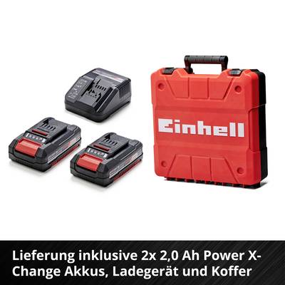 Lieferung enthält zwei 2,0 Ah Akkus, ein Ladegerät und einen roten Koffer der Marke Einhell.