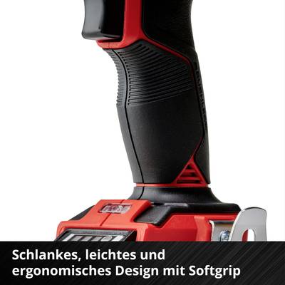 'Schlankes, leichtes und ergonomisches Design mit Softgrip' zeigt den Griff eines Werkzeugs mit benutzerfreundlicher Oberfläche.