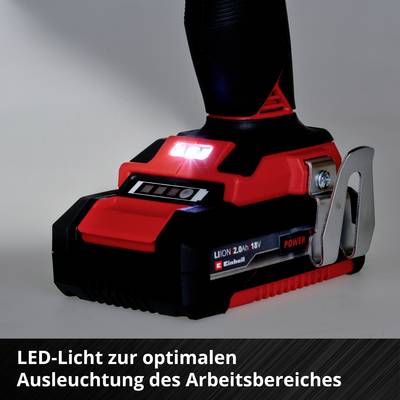 Ein Akku-Bohrschrauber mit beleuchtetem LED-Licht am Boden. Text im Bild: 'LED-Licht zur optimalen Ausleuchtung des Arbeitsbereiches'.