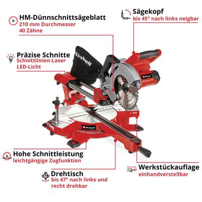 'HM-Dünnschnittsägeblatt' zeigt eine rot-schwarze Gehrungssäge mit 210 mm Sägeblatt und präzisen Schnitten; Kopf neigbar bis 45°.