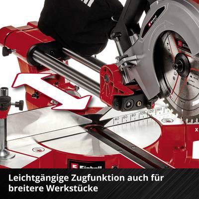 Kreissäge mit Zugfunktion; schwarze, gepolsterte Griffe; Roter, stabiler Aufbau; Text: 'Leichtgängige Zugfunktion auch für breitere Werkstücke'.