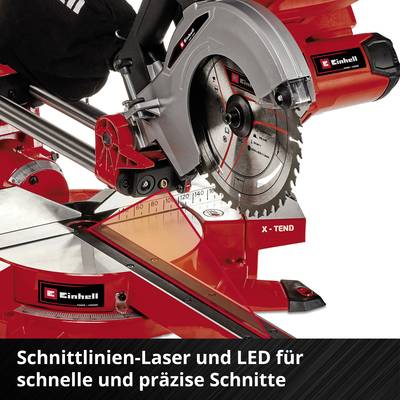 'Eine rote Kappsäge der Marke Einhell mit sichtbarem Kreissägeblatt und Winkelskala. Text: "Schnittlinien-Laser und LED für schnelle und präzise Schnitte".'