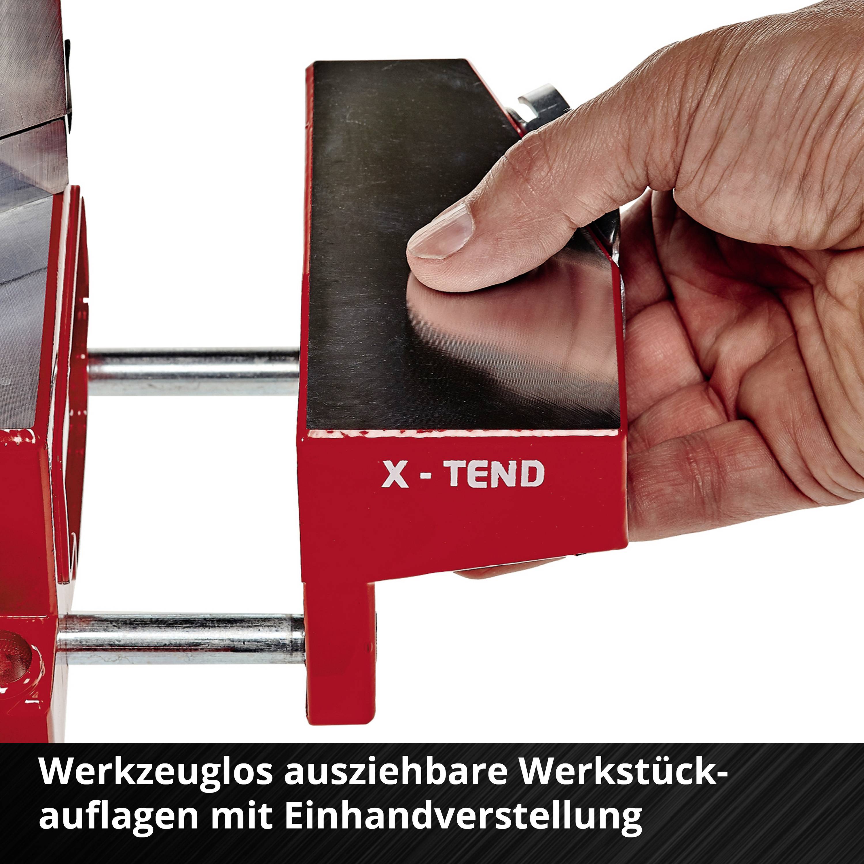 'Werkzeuglos ausziehbare Werkstückauflagen mit justierbarer Höhe für präzises Arbeiten an Tischschleifmaschinen.'