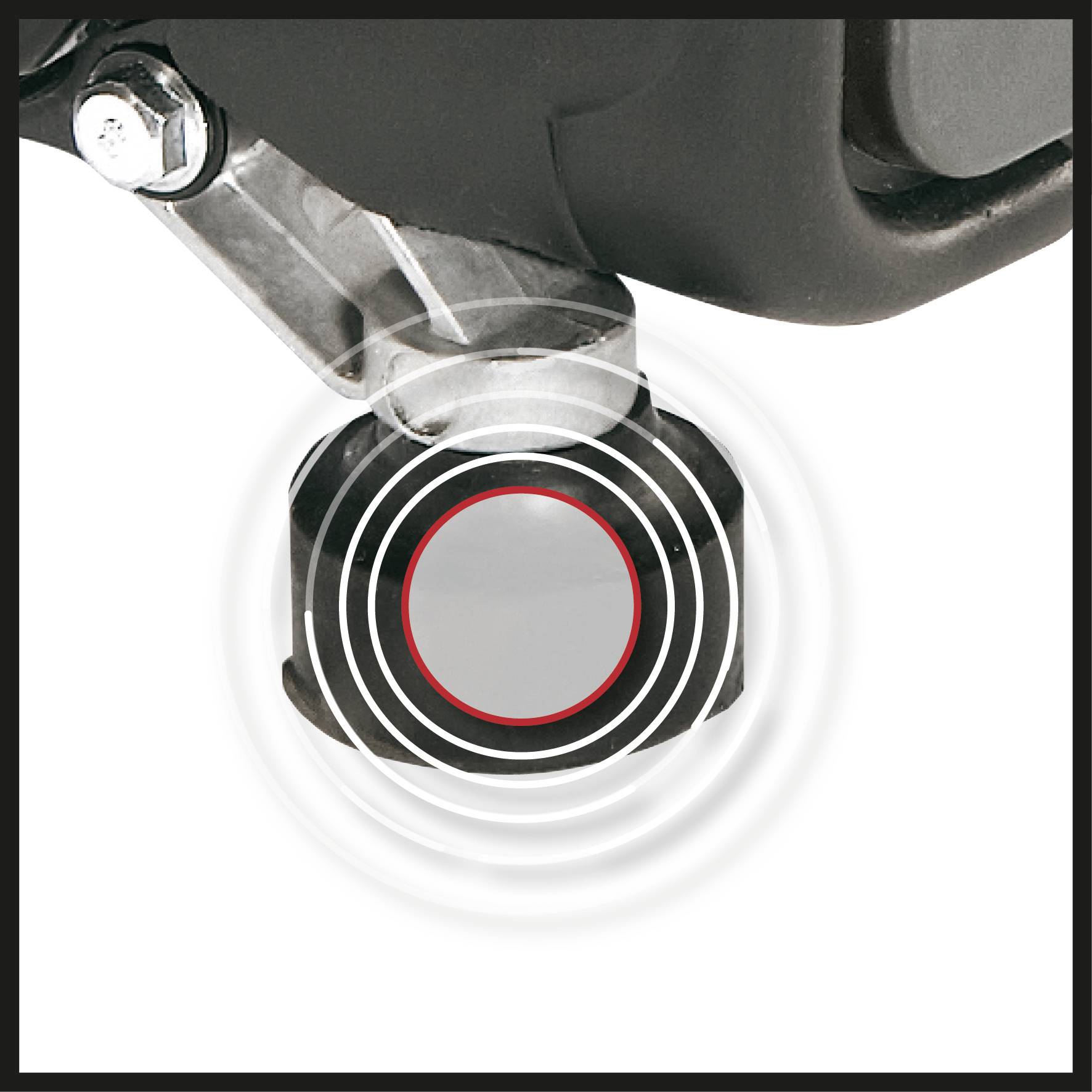 Nahaufnahme eines Rückfahrsensors eines Fahrzeugs mit kreisförmigen Sensorringen, die seine Funktion beim Parken darstellen.