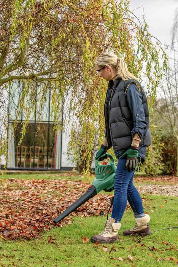 Eine Frau entfernt mit Laubbläser Herbstlaub von einem Rasen vor einem Haus im Hintergrund, umgeben von herbstlicher Vegetation.