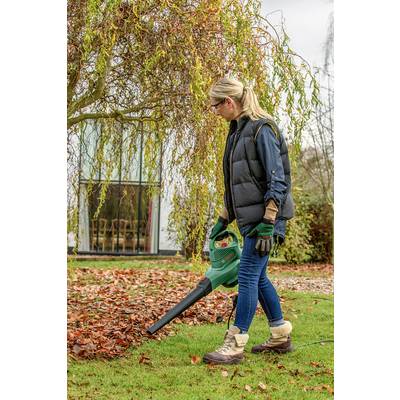 Eine Frau entfernt mit Laubbläser Herbstlaub von einem Rasen vor einem Haus im Hintergrund, umgeben von herbstlicher Vegetation.