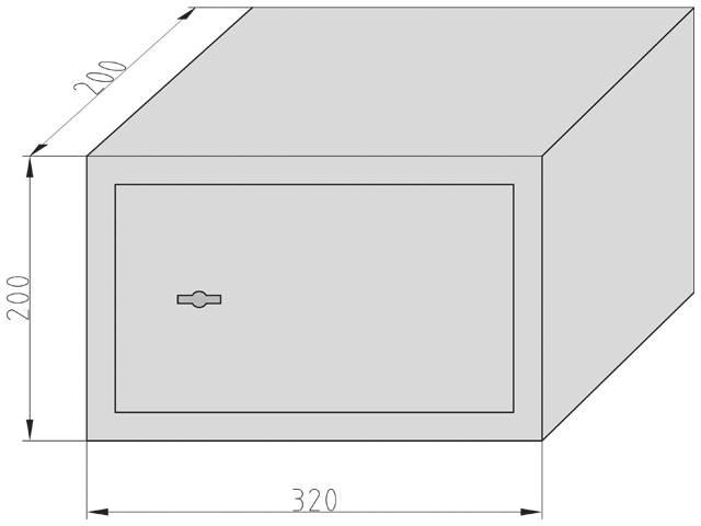 Rechteckige Box mit Vorderseite und Seitenfläche. Maße: Höhe 200, Breite 200, Tiefe 320. Auf der Vorderseite ist ein Schlüsselloch.