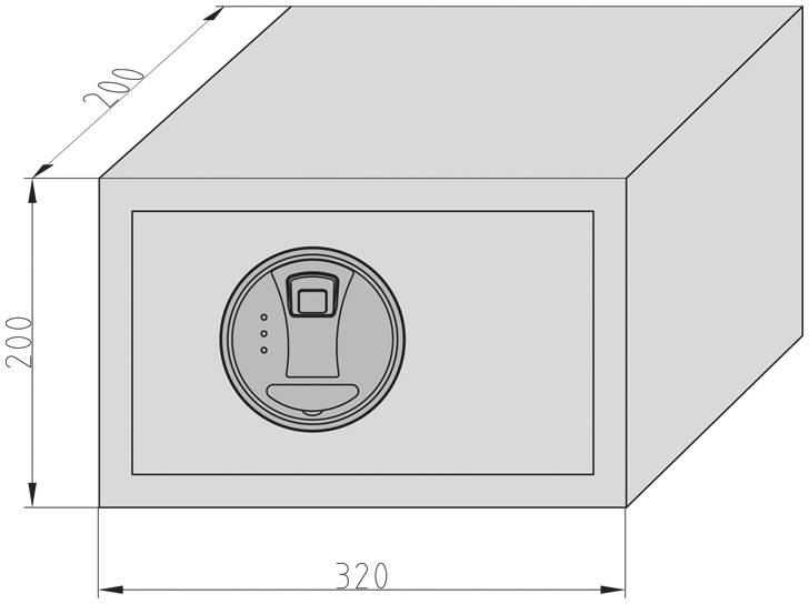 Abbildung eines Tresors mit biometrischem Fingerabdruckscanner auf der Vorderseite. Maße: 320 mm Breite, 200 mm Höhe, 200 mm Tiefe.