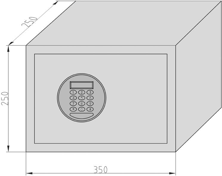 Graue Zeichnung eines Tresors mit den Maßen 250mm x 350mm. Digitale Tastatur in der Mitte der Vorderseite.