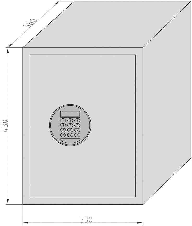 Stahl-Safe mit digitalem Code-Feld auf der Vorderseite. Maße: 330 mm Breite, 430 mm Höhe, 380 mm Tiefe.