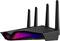 Schwarzer WLAN-Router mit vier Antennen, zeigt modernes Design mit rötlich-blauem Licht an der Vorderseite.