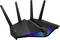 Ein moderner schwarzer WLAN-Router mit fünf Antennen und leuchtenden blauen LED-Leisten, geeignet für Hochgeschwindigkeitsinternet.