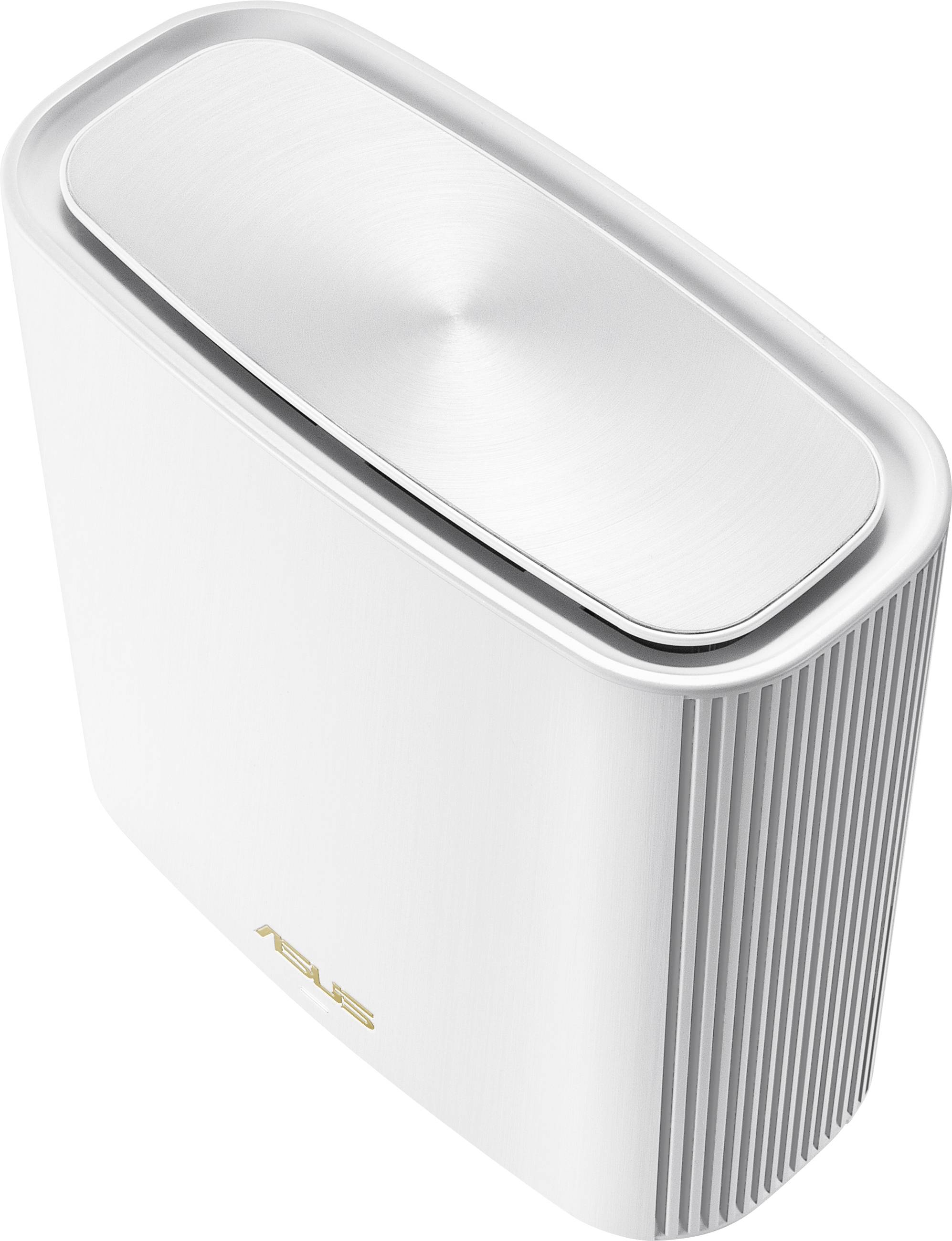Ein weißer ASUS-WLAN-Router mit vertikalen Lüftungsschlitzen und einem ovalen, silbernen Deckel.