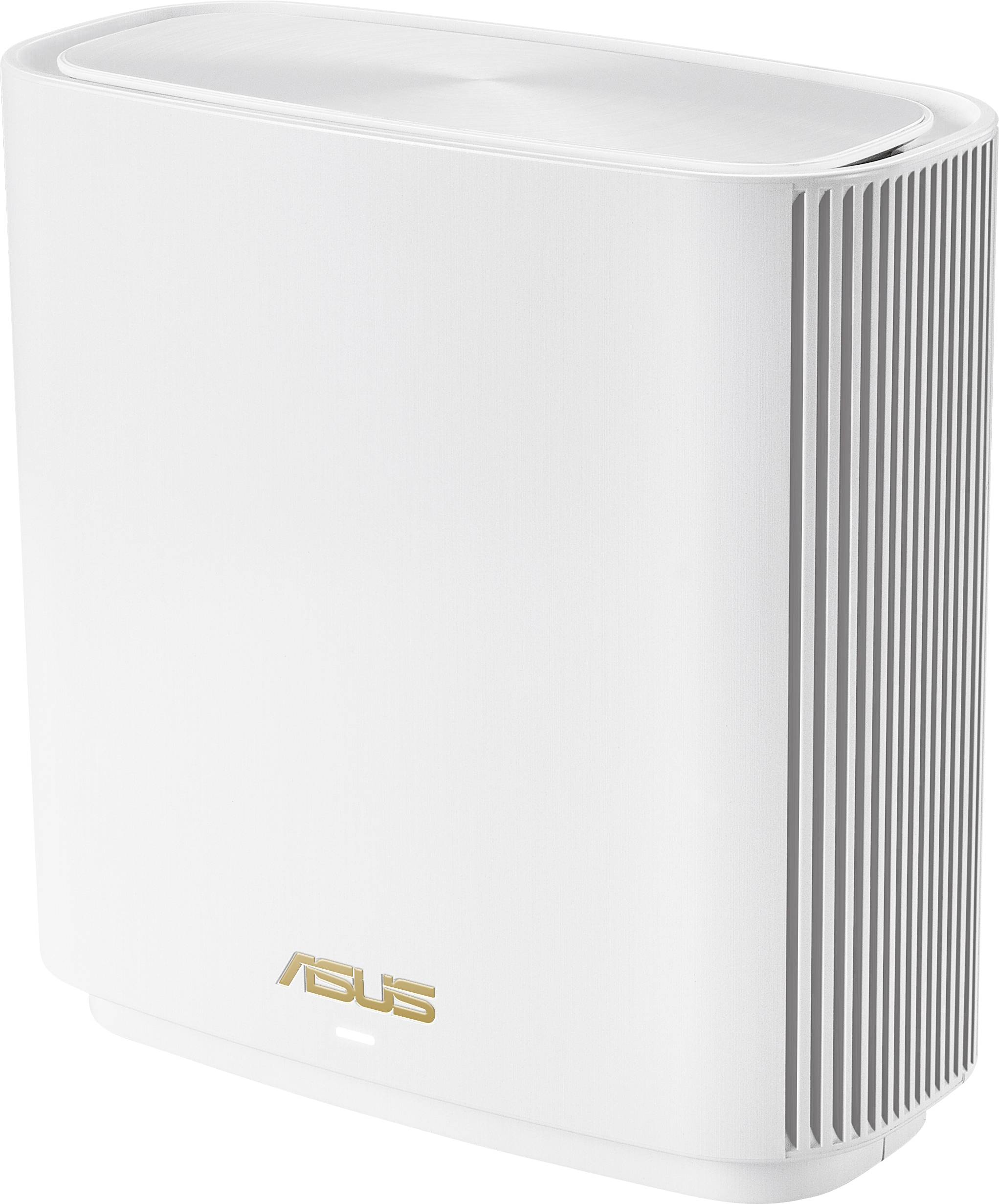 Ein weißer WLAN-Router mit dem "ASUS"-Logo an der Vorderseite, gekennzeichnet durch vertikale Lüftungsschlitze an den Seiten.