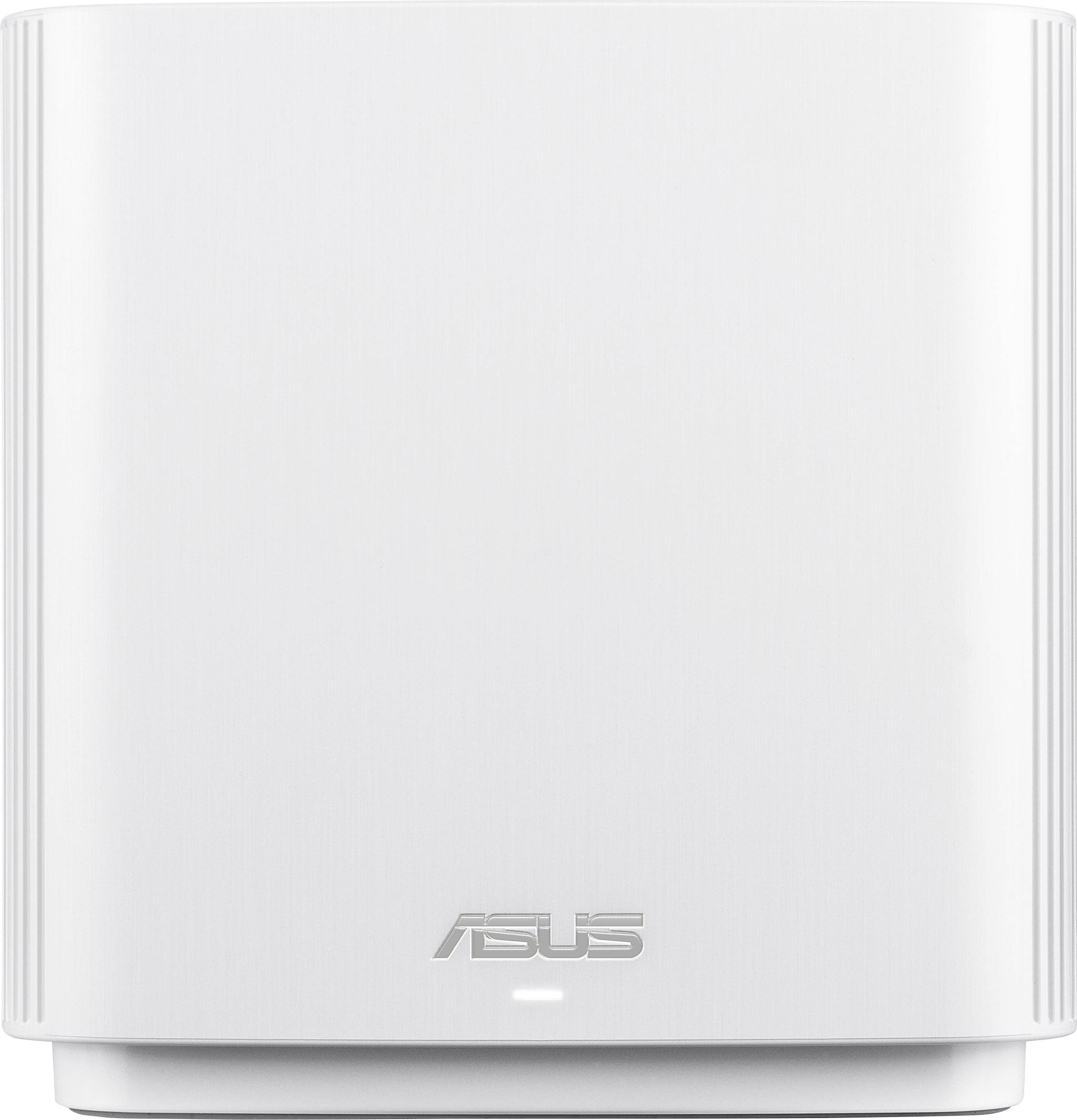 Ein weißer Router von Asus mit einem minimalistischen Design. Das Logo 'ASUS' ist unten sichtbar, mit einer kleinen Statusanzeige darunter.