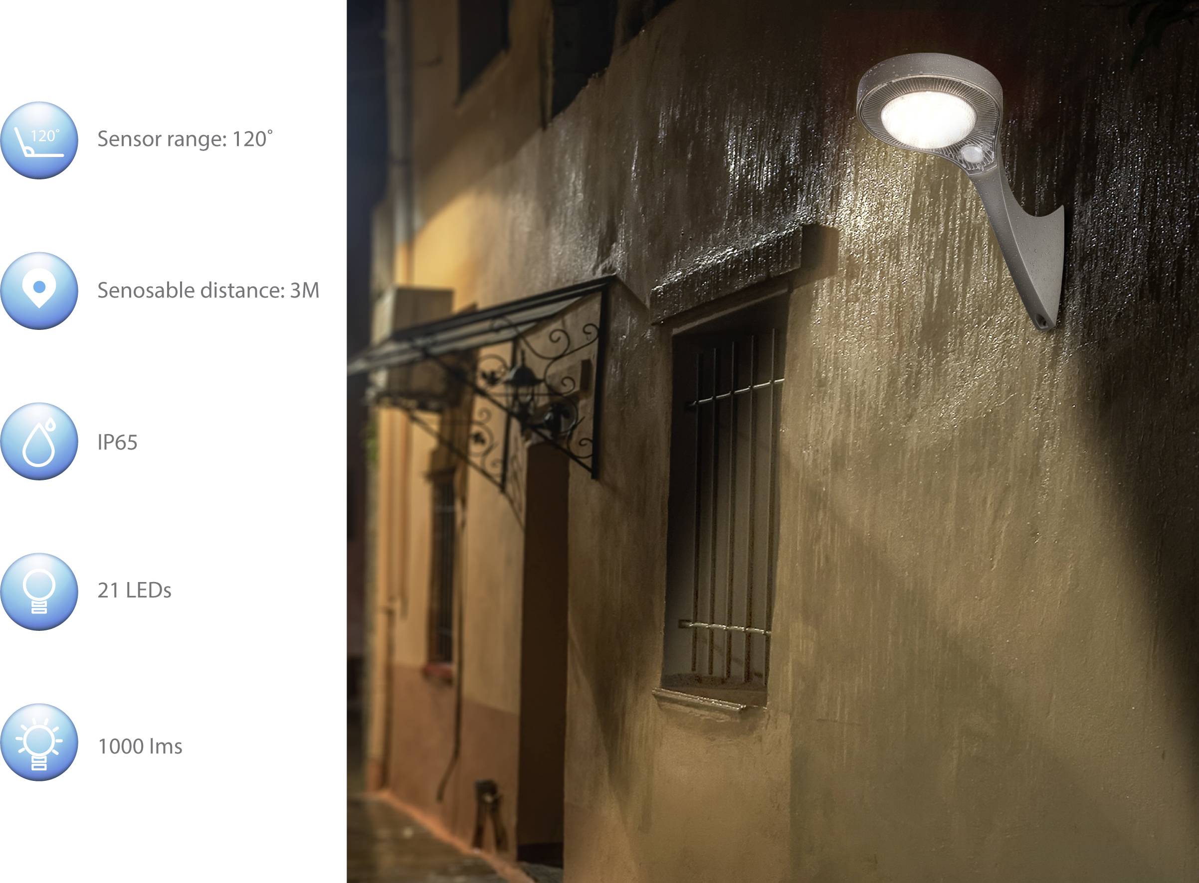 Außenbereich bei Nacht mit beleuchteter Wandlampe mit Bewegungsmelder. Links technische Details: Sensorreichweite 120°, Abstand 3m, IP65, 21 LEDs, 1000 Lumen.