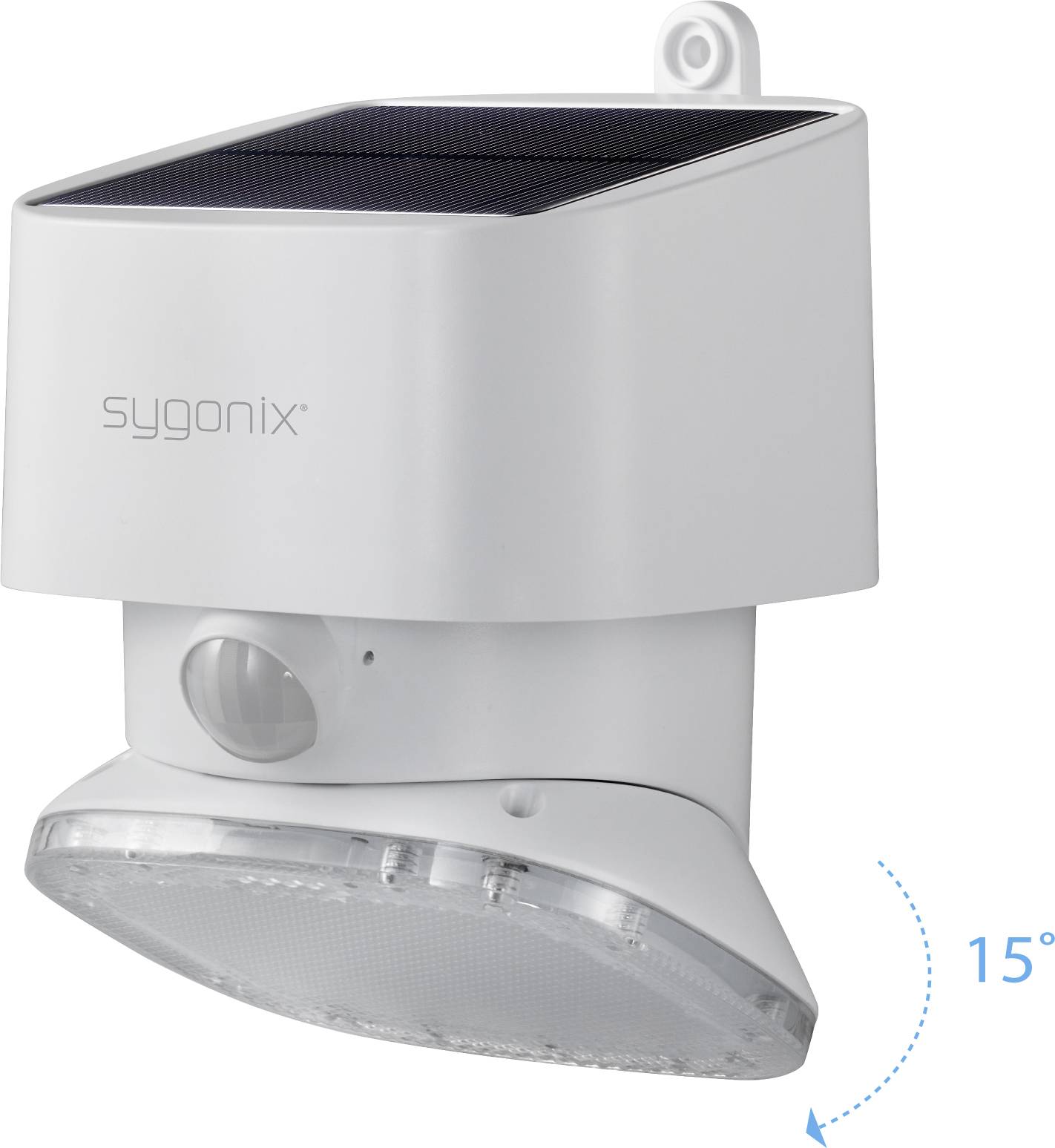 Weiße, wandmontierte Solarlampe mit Bewegungssensor und neigbarem Lichtkopf. Das Logo 'sygonix' ist sichtbar.