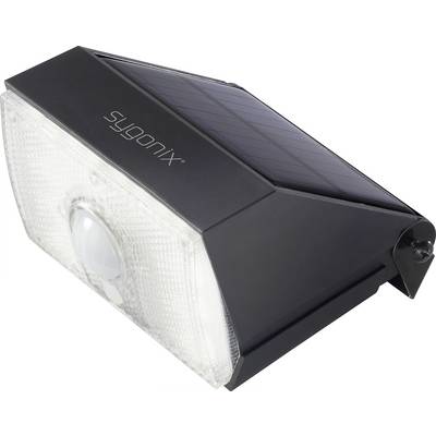 Solarlampe mit schwarzem Gehäuse und integriertem Bewegungsmelder von Sygonix, geeignet für den Außenbereich.