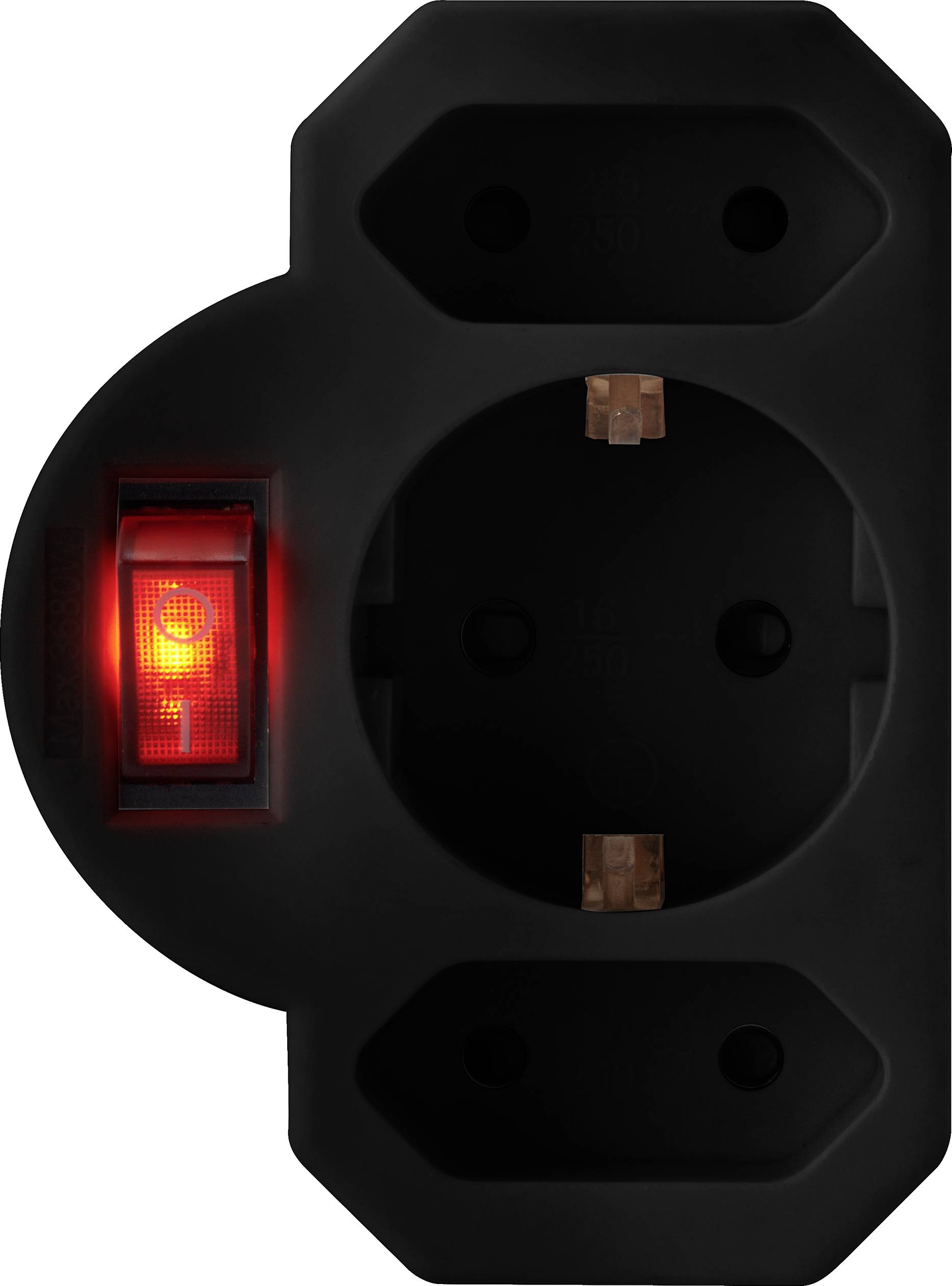 Dreifach-Steckdosenadapter mit einer roten LED-Anzeige, die leuchtet, zeigt Stromfluss an. Geeignet für elektrische Geräte.