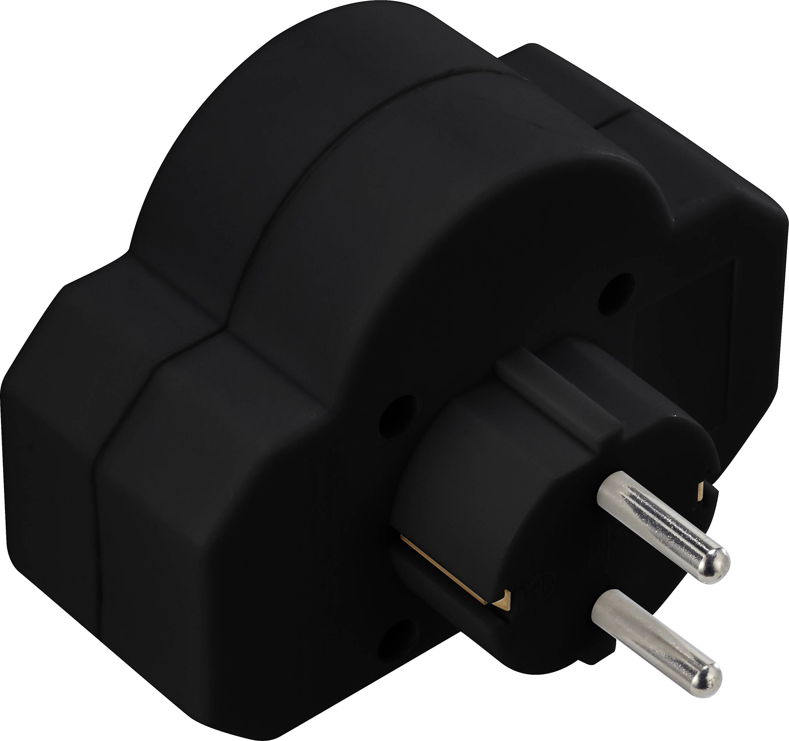 Ein schwarzer Adapterstecker mit zwei runden Metallstiften, geeignet für verschiedene Steckdosenstandards.