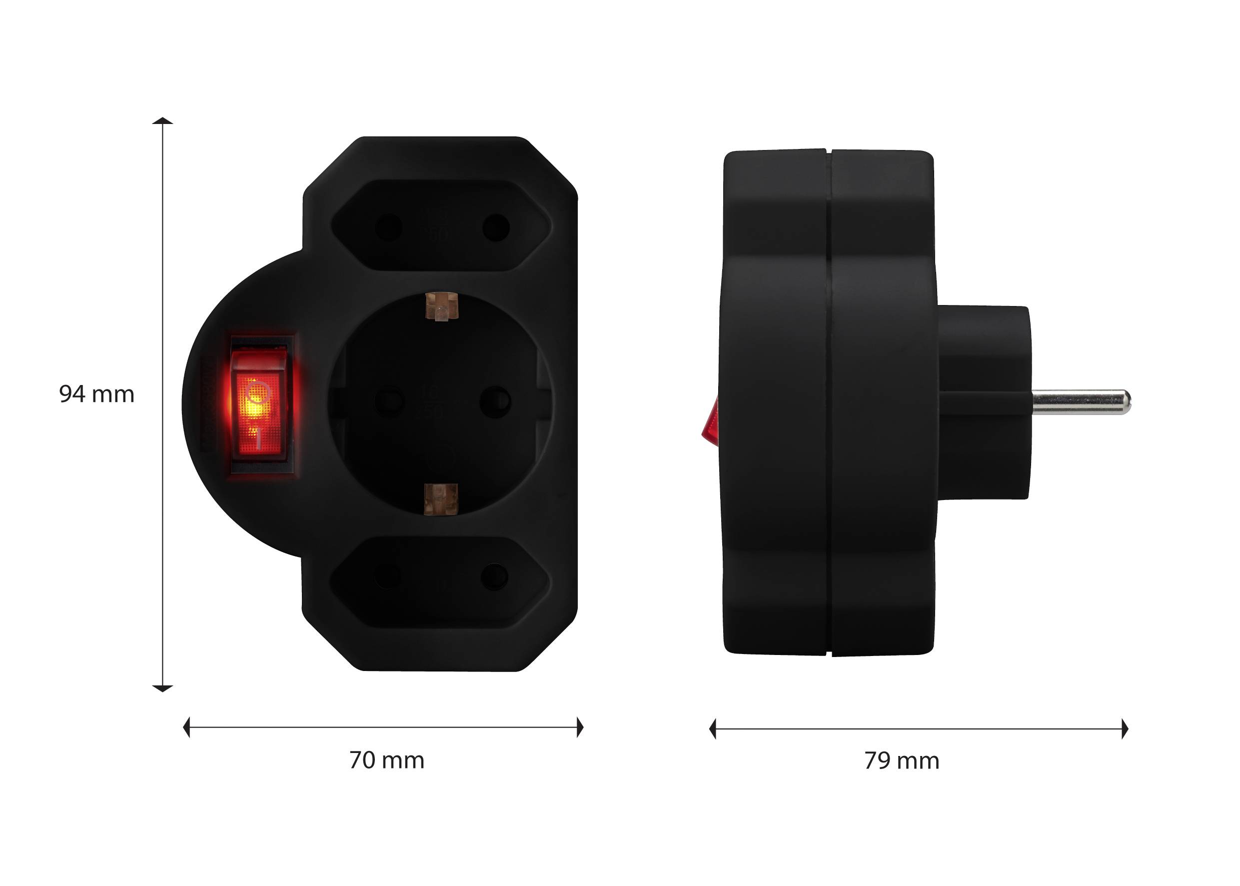Schwarzer Steckdosenadapter mit rotem Schalter, frontal und seitlich abgebildet. Maße: Höhe 94 mm, Breite 70 mm, Tiefe 79 mm.