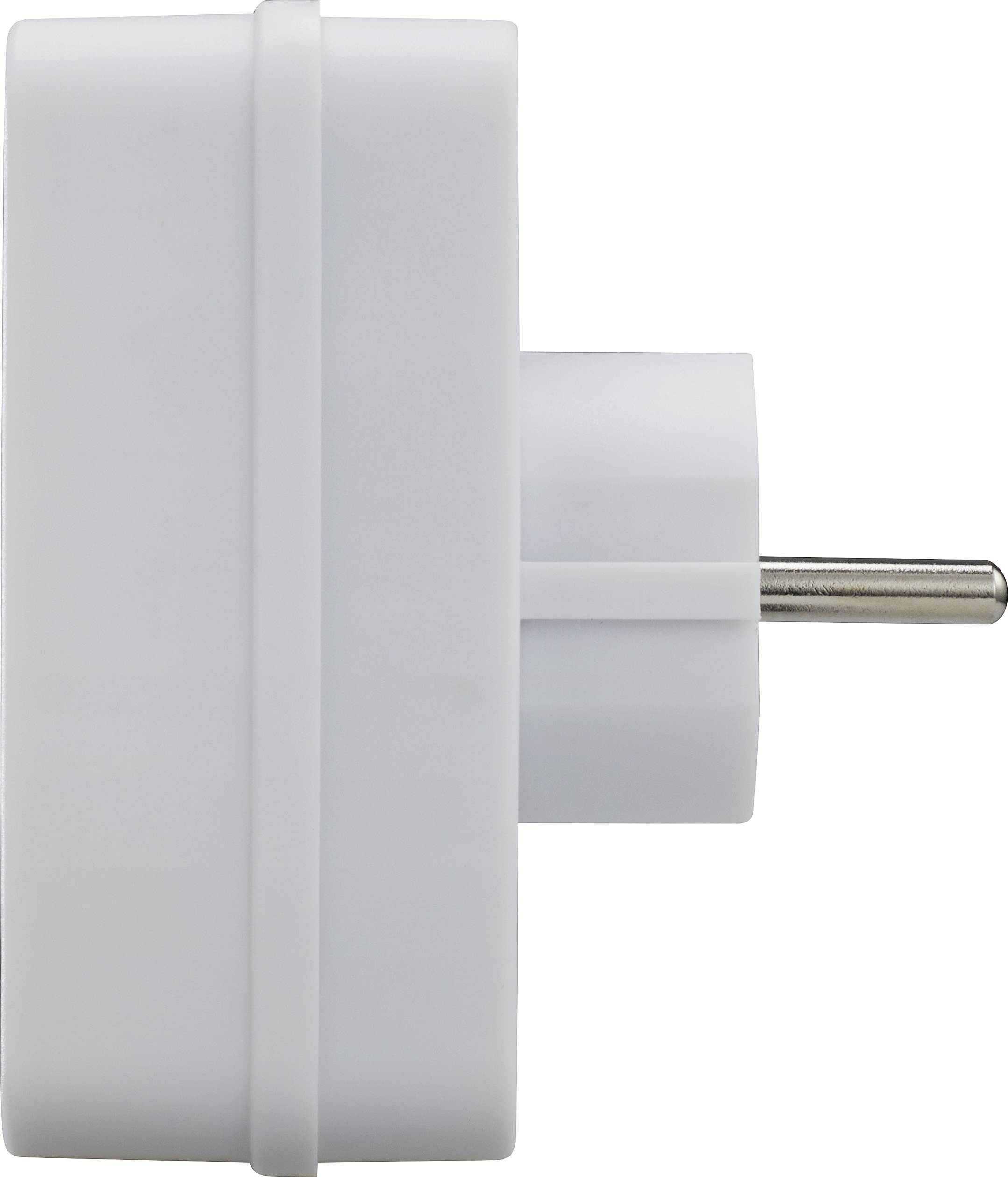 Steckbarer Adapter mit einem weißen, rechteckigen Gehäuse und einem Metallstecker.