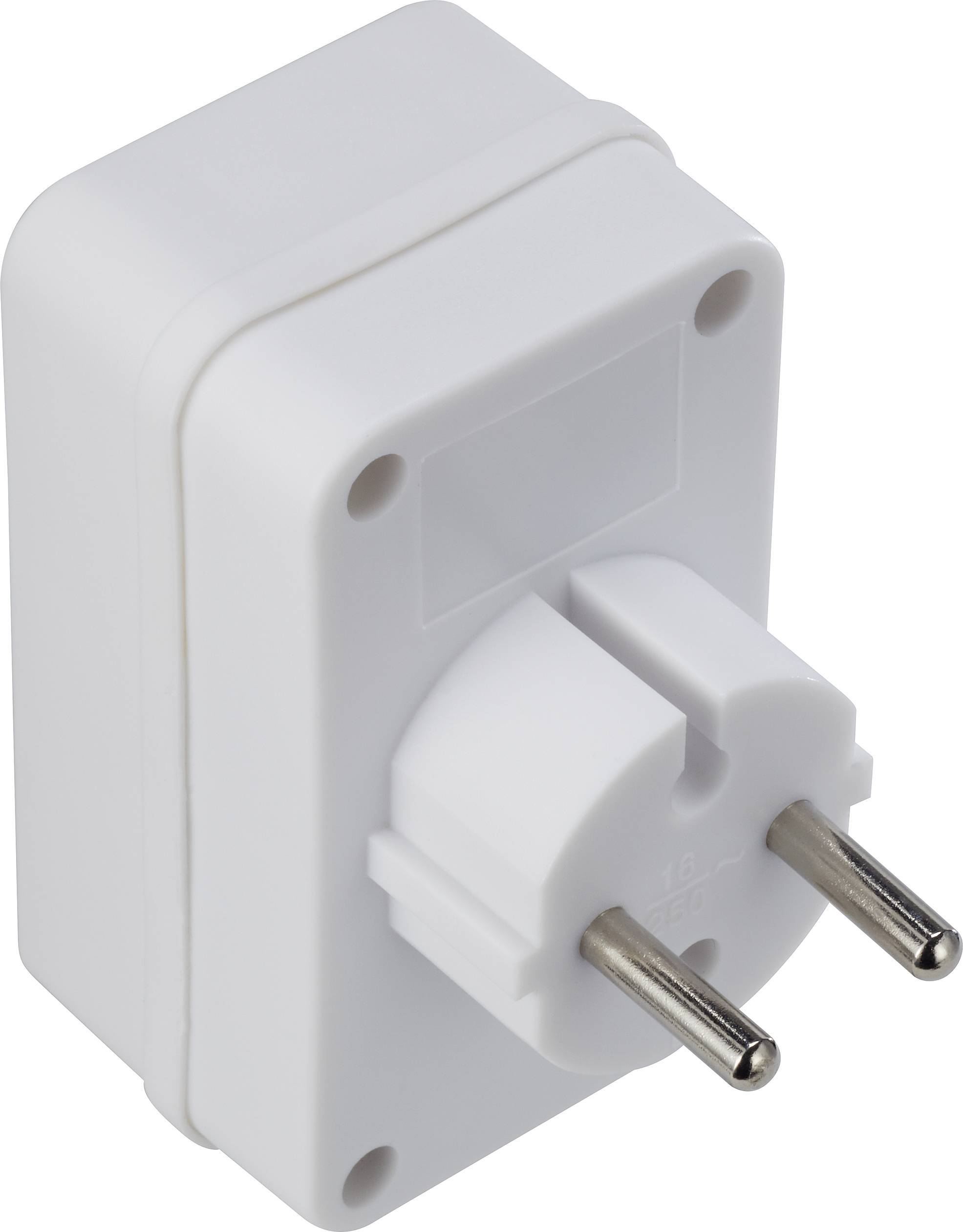 Ein weißer Steckdosenadapter mit Schuko-Stecker, geeignet für die Umwandlung von Steckerformaten.
