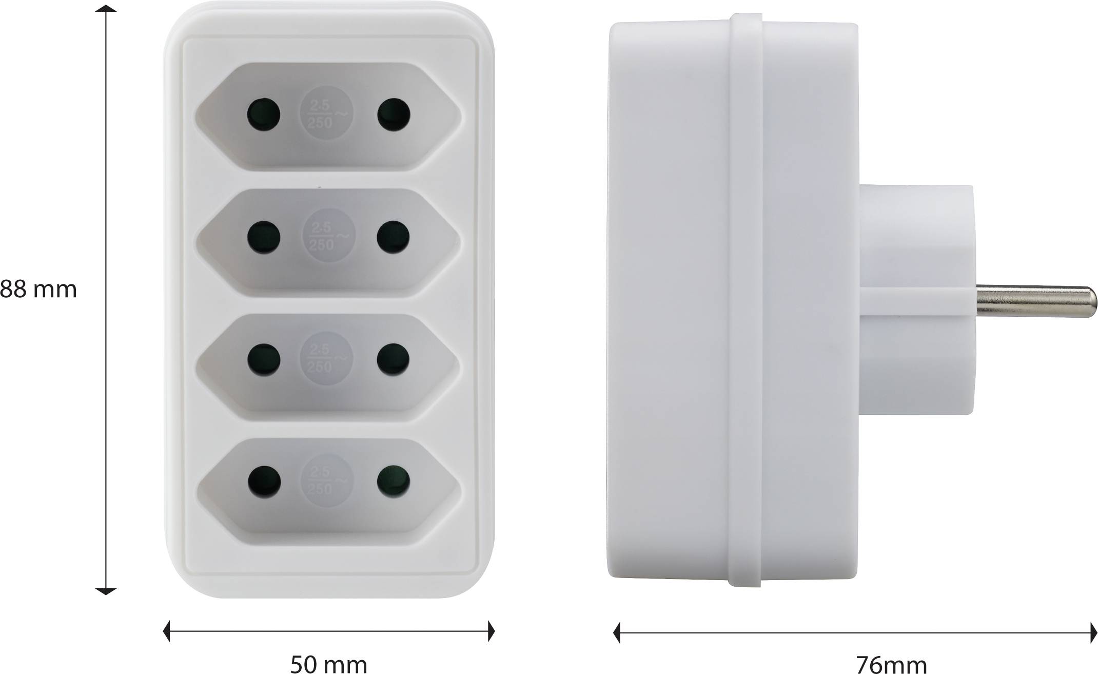 'Vierfach-Steckdosenadapter, weiß, zeigt Vorder- und Seitenansicht. Maße: 88 mm Höhe, 50 mm Breite, 76 mm Tiefe.'