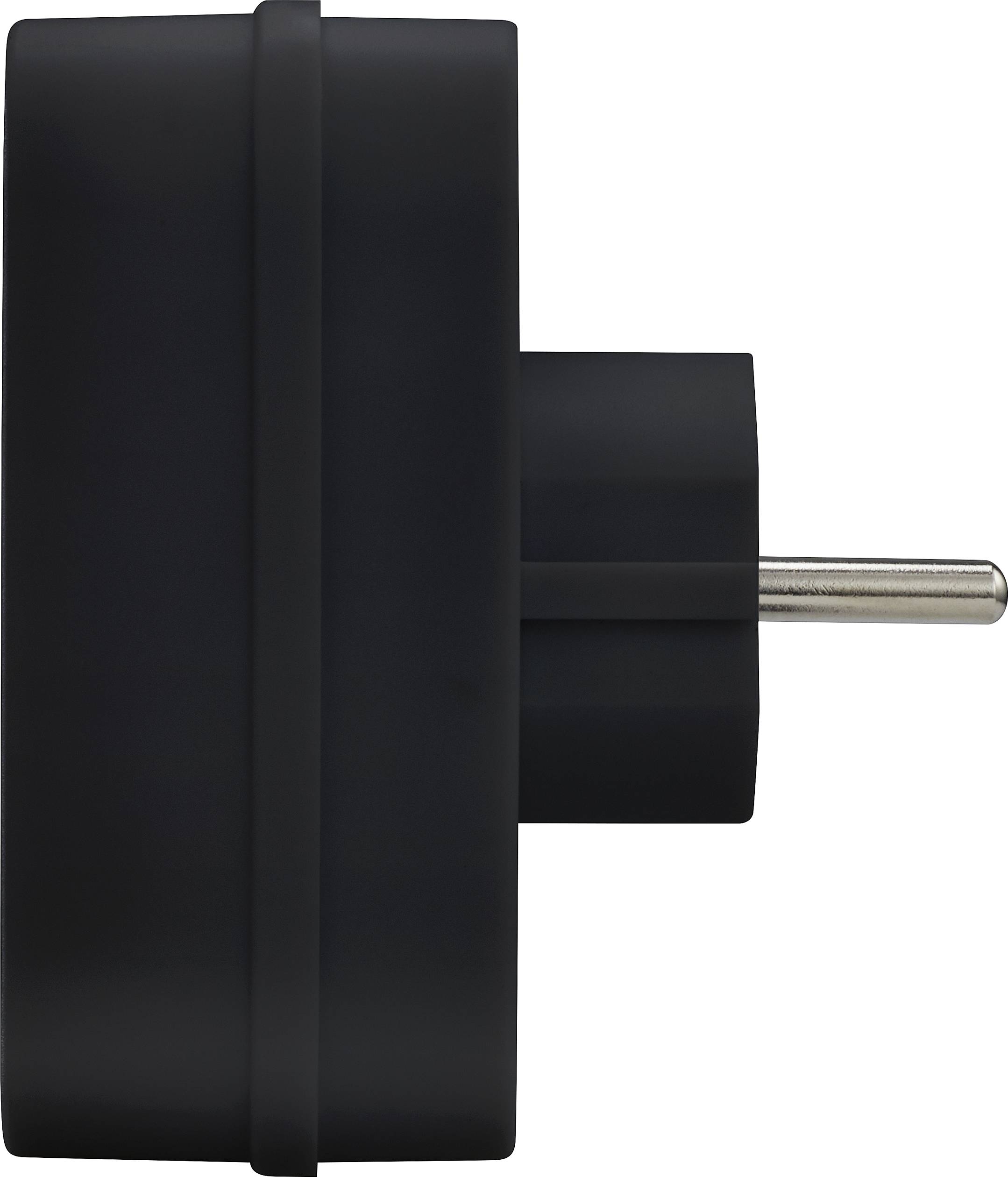 Eine schwarze Steckdose von der Seite gezeigt; der Stecker ist sichtbar und leicht nach vorne gerichtet.