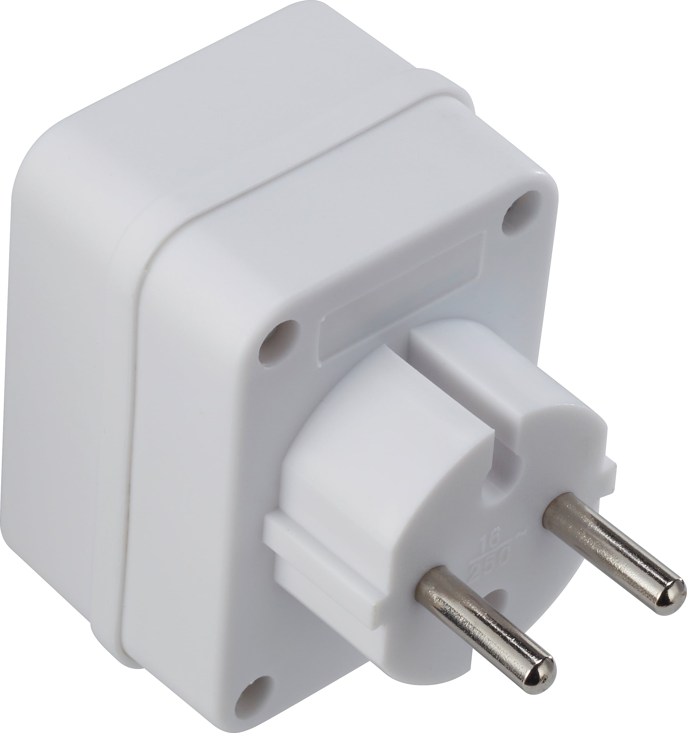 Ein weißer Adapterstecker mit zwei runden Metallstiften, geeignet für europäische Steckdosen.