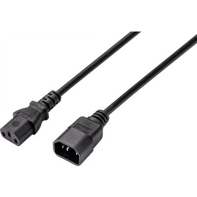 Ein schwarzes Netzkabel mit zwei Steckverbindern, einem weiblichen und einem männlichen Ende, zum Anschluss elektronischer Geräte an Stromquellen.