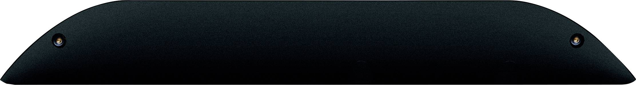 Ein rechteckiges, dunkles Objekt mit abgerundeten Ecken und zwei kleinen Punkten an den Seiten. Könnte ein elektronisches Gerät sein.