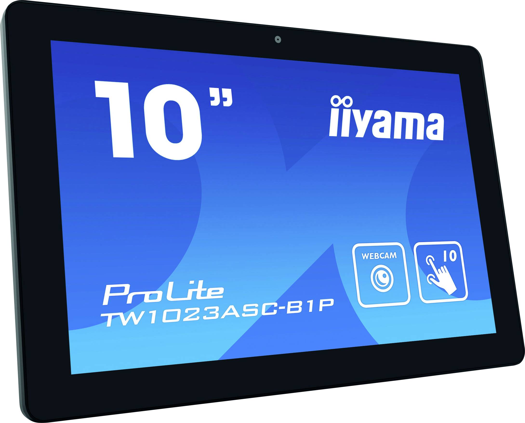 Tablet mit 10-Zoll-Bildschirm, Modell 'ProLite TW1023ASC-B1P' von iiyama, zeigt Symbole für Webcam und Touchscreen.