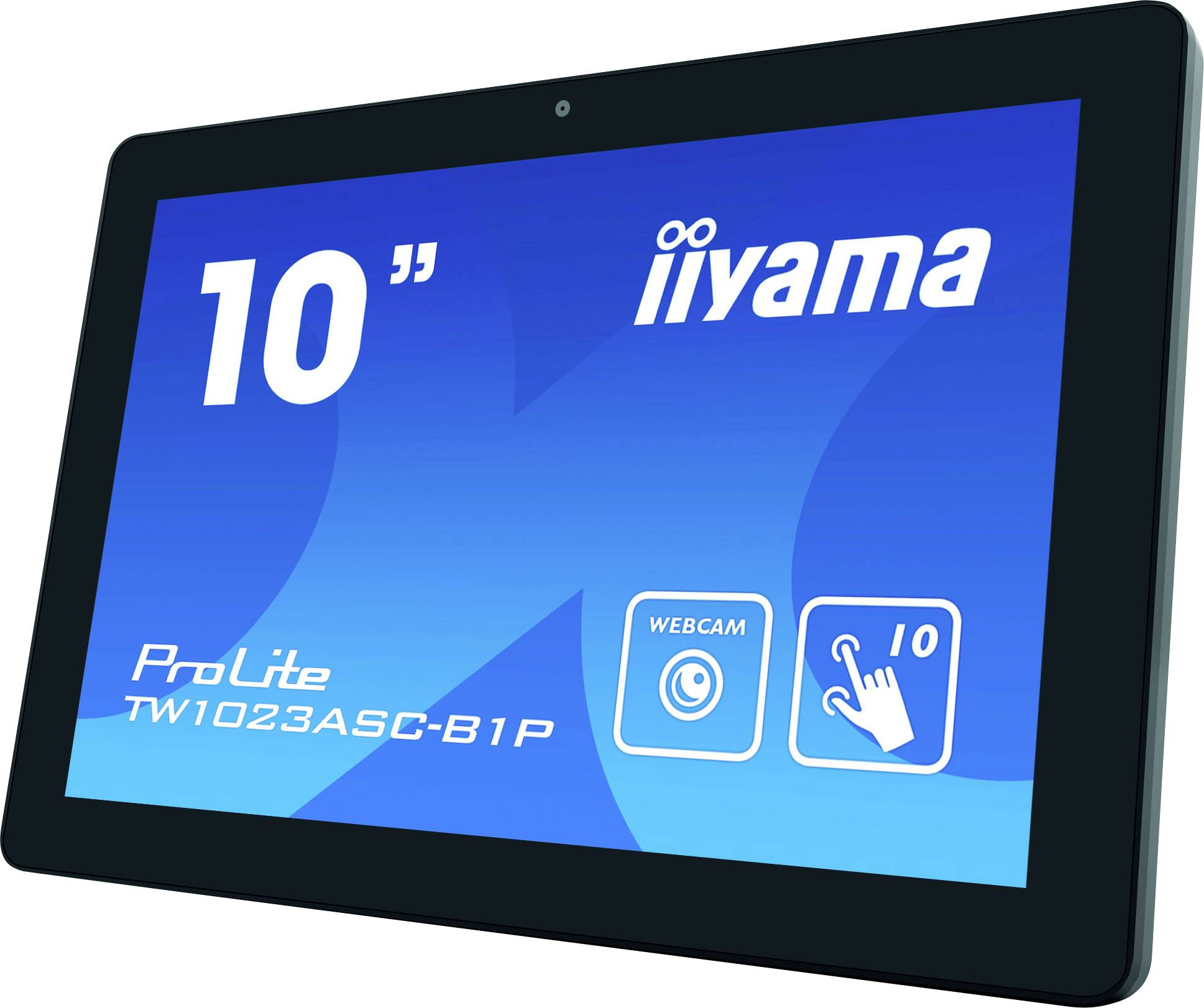 Tablet-Bildschirm mit 'ProLite' Logo, Modell 'TW1023ASC-B1P'. "10 Zoll" Text, Webcam und Touchscreen Symbole sichtbar.