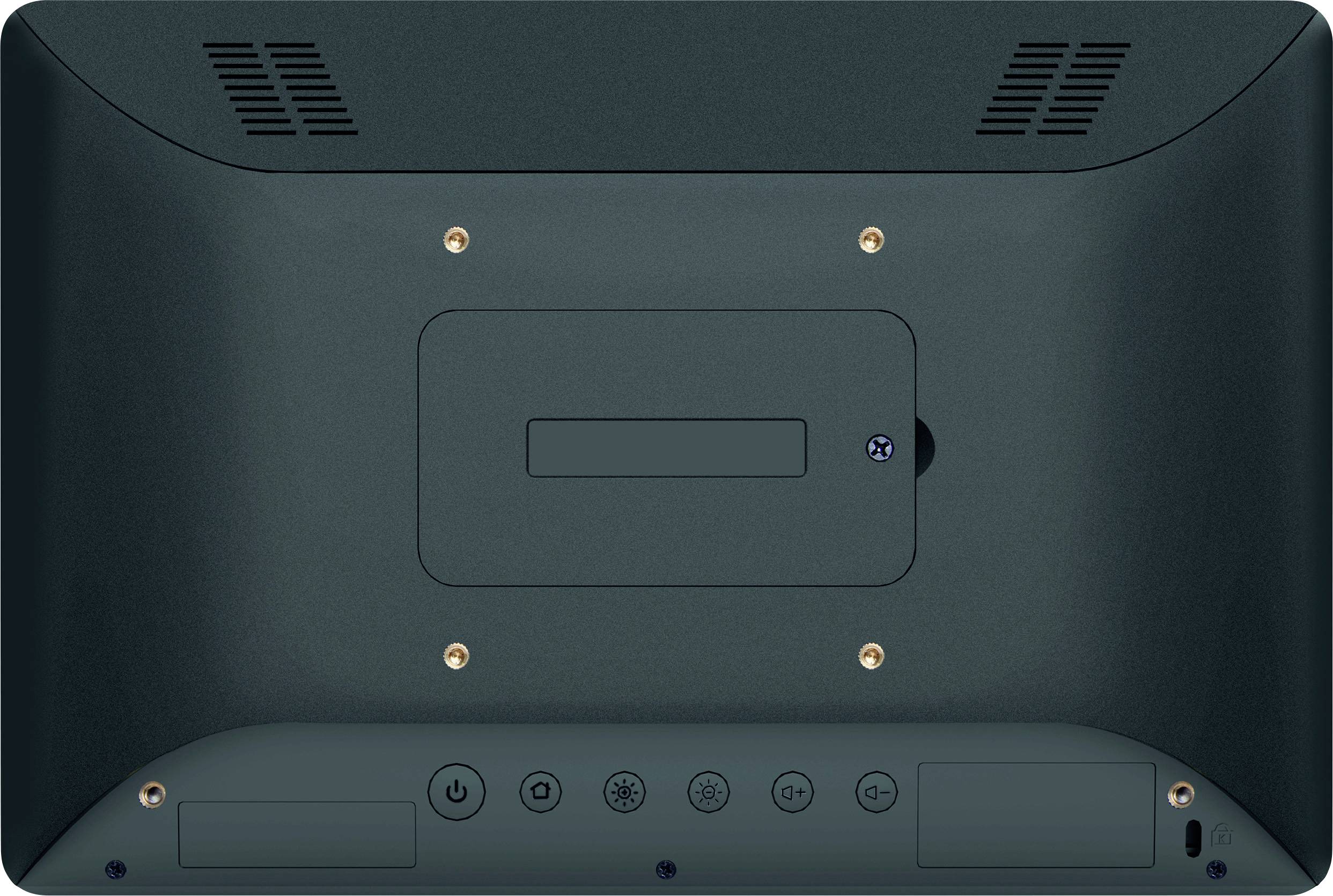 Die Rückseite eines elektronischen Geräts mit Lüftungsschlitzen und verschiedenen Anschlüssen. Ein Montagemuster ist erkennbar.