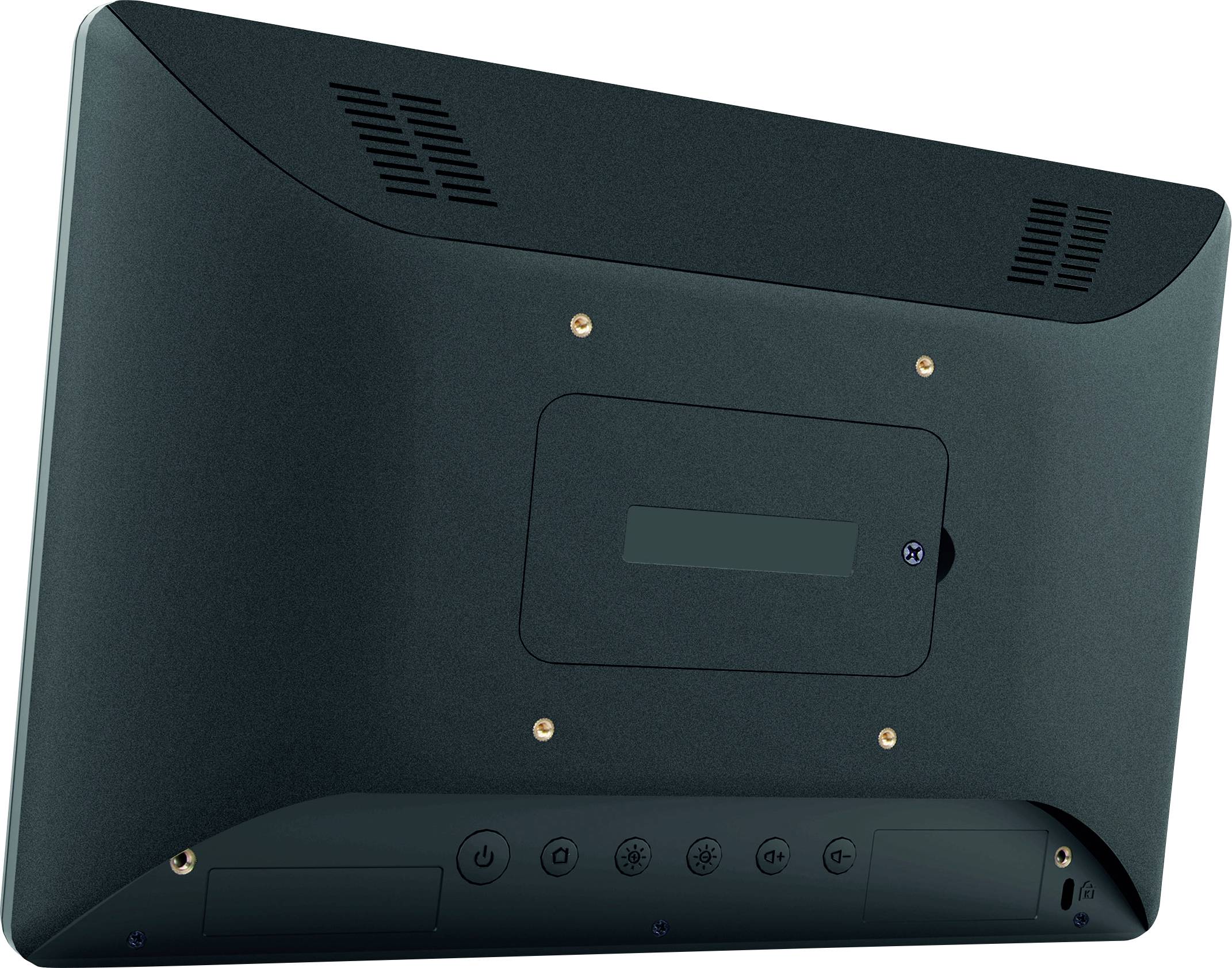 Rückseite eines Flachbildmonitors, zeigt Anschluss- und Lüftungsschlitze, keine sichtbaren Kabel.