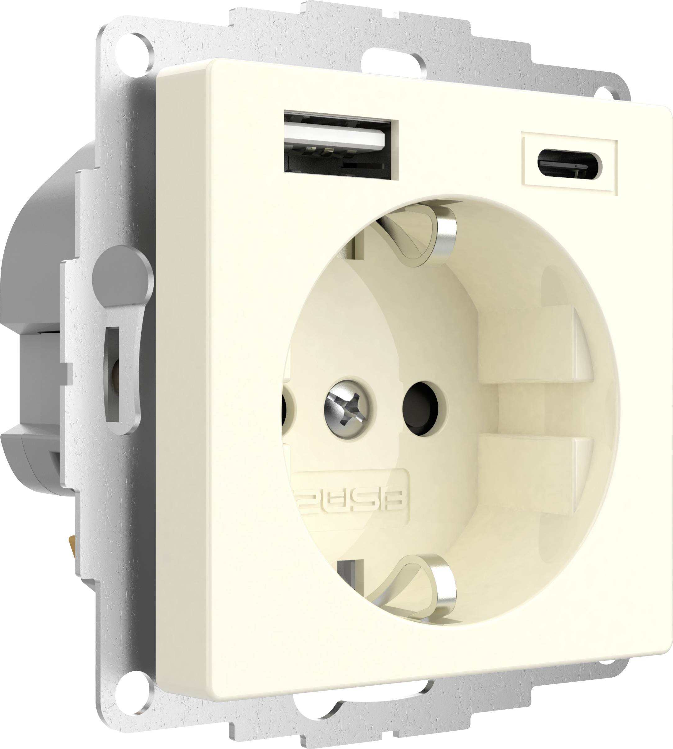 'Elfenbeinfarbene Steckdose mit USB-A- und USB-C-Anschluss, geeignet für das Laden von Elektronikgeräten.'